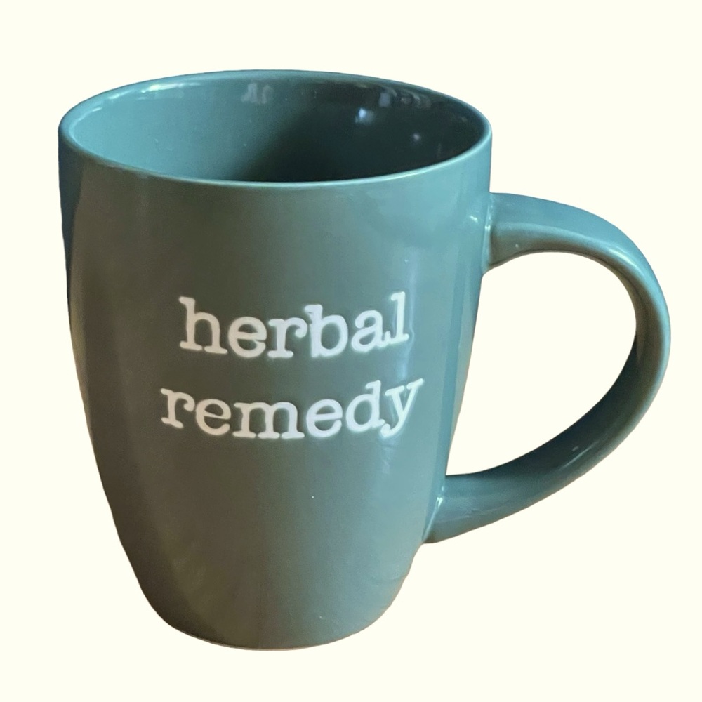 CORE KITCHEN Coffee Mug Ceramic 'Herbal Remedy' Teal and White 14 oz